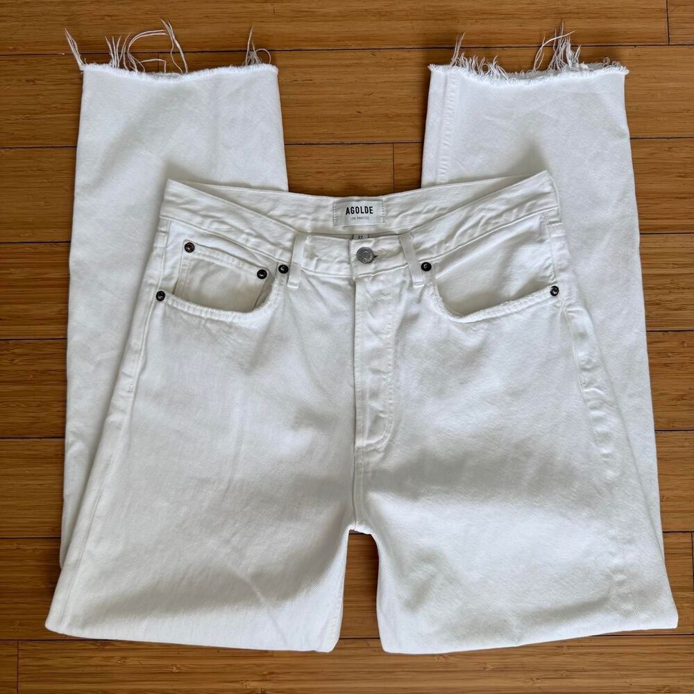 AGOLDE High Rise White Straight Leg Jeans Button Fly Raw Hem Size 27
